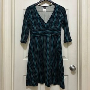 Patagonia‎ Margot Organic Cotton Dress Leaf Print 3/4 Sleeve Teal Medium Casual
